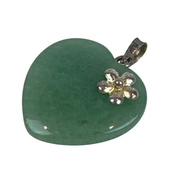 Green Aventurine Heart Pendant With Silver Flower Accent - Picture 2 of 6